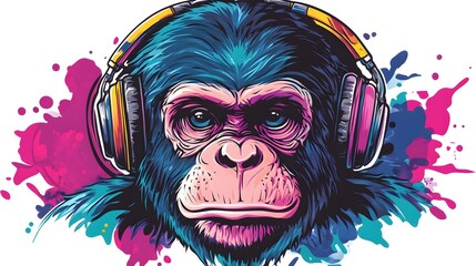 Colorful Stylized Monkey with Headphones Digital Art Portrait