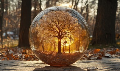 Crystal ball reflecting autumnal forest scene; sunlit tree