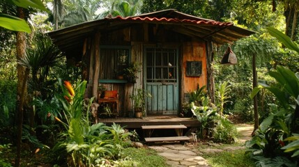 Obraz premium A rustic wooden cabin surrounded by lush greenery and vibrant plants.