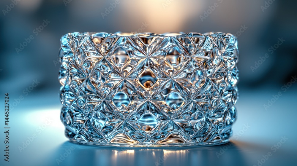Poster crystal glass object with intricate geometric pattern, illuminated, reflecting light