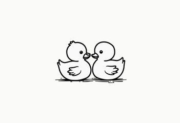Fototapeta premium Minimalist Icon Illustration of a Baby Duck Following Mama Duck, Gray Thick Lines on White Background, Flat Vector Style with a Simple and Clean Look 