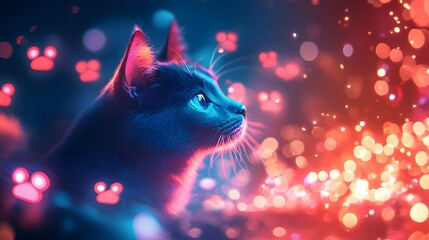 Mesmerizing Feline Glow Enchanting Cat Portrait in Vibrant Neon Bokeh