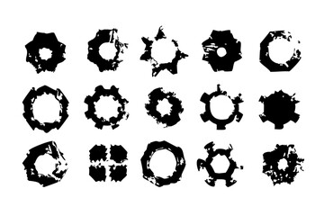 Collection of grunge-style circular and cross geometric shapes in black. These abstract, distressed vector elements are ideal for digital art, logo design, stickers, badges, and industrial or urban-th