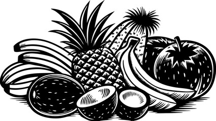 Vintage engraving style vector illustration of tropical fruits including pineapple, banana, apple, coconut, and cactus fruit. Detailed monochrome artwork suitable for labels, menus, packaging, organic