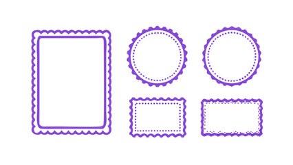 Set of decorative purple frames with scalloped and dotted borders. Includes rectangular and circular shapes, ideal for labels, stamps, invitations, or scrapbooking projects.

