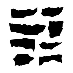 Set of 9 torn black paper silhouette shapes isolated on white background. Each piece has a unique irregular edge, mimicking the effect of ripped paper. Ideal for grunge-style design, digital collage, 