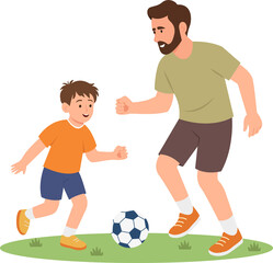 Father and son playing football. Dad, boy and soccer ball on grass. Family summer outdoor activities. Fathers day. Flat vector illustration