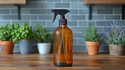 Amber spray bottle positioned centrally on a wooden table surrounded by vibrant green plants
