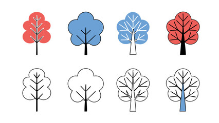 Vector set of stylized seasonal trees in a flat outline design. Features eight trees, some filled with soft red and blue hues while others are left as simple black-and-white outlines. Perfect for seas