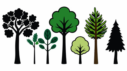 Obraz premium Vector illustration featuring a variety of stylized trees in black and green tones. This diverse tree set is ideal for eco-themed designs, educational resources, and forest-related graphics.