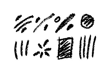 Vector set of bold hand-drawn scribbles in black crayon or charcoal style. Includes sketchy lines, scribbled dots, circular doodles, hatch textures, and abstract geometric marks. Ideal for DIY graphic