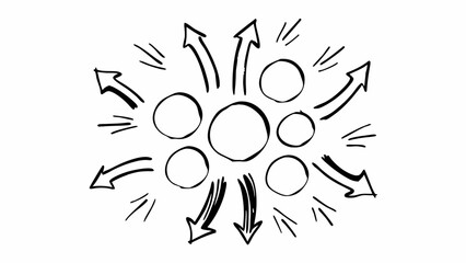 Hand-drawn sketch-style vector of multiple arrows pointing outward from a central point, surrounded by circles and dynamic lines. Perfect for infographics, brainstorming visuals, diagrams, concept map