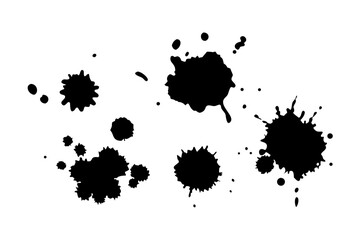 A high-quality vector illustration of various black ink splatters and stains, ideal for grunge-style design, art textures, comic book effects, or creative backgrounds. The splashes come in different s