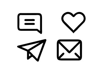 Minimalist vector icon set with four communication-themed symbols: message bubble, heart (like), paper plane (send), and envelope (email). Perfect for web apps, mobile UI, social media platforms, and 