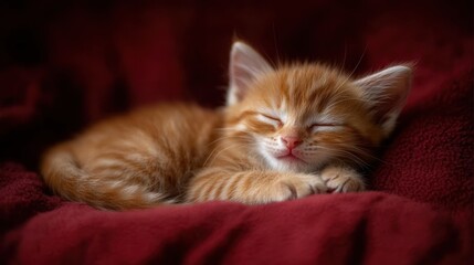 Ginger kitten peacefully napping on red