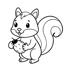 Cute cartoon squirrel holding a nut. Black and white vector illustration for children’s coloring book. Forest animal outline drawing for kids.


