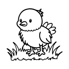 Cute cartoon chick standing on grass. Black and white vector coloring page for kids. Simple farm animal illustration designed for preschool and educational coloring activities.

