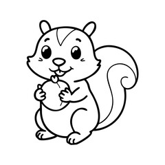Cute cartoon squirrel holding a nut. Black and white vector coloring page for kids. Simple outline illustration perfect for preschool and educational activities.

