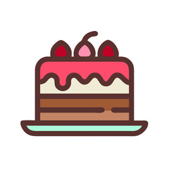 Vector illustration of a slice of cake with pink icing, chocolate layers, and strawberries on top. Simple flat style icon perfect for bakery, dessert menus, or celebration designs.

