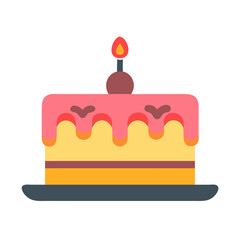 Flat vector illustration of a birthday cake with pink frosting, cherry on top, and a burning candle. Minimalist style ideal for celebration-themed designs, invitations, cards, and social media graphic