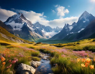 Scenic Alpine Valley With Majestic Snowcapped Mountains Under a Clear Sky