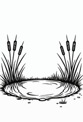 Children's Abstract Pond Coloring Page with Cattails, Black Thick Line Vector Art on White Background, Minimal Style with No Detail or Shading
