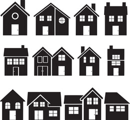 Fototapeta premium Group of House Silhouettes - Black Minimalist Vector Set of Residential Buildings and Real Estate Graphic Designs