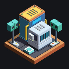 Fototapeta premium Isometric vector illustration of a futuristic industrial building or factory. Stylized low-poly architecture with clean geometric shapes and vibrant colors. Suitable for game assets, UI design, or tec