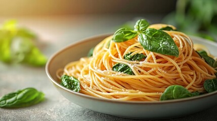 Delicious cooked spaghetti pasta with fresh basil leaves served in a shallow bowl on a rustic table, close-up shot showcasing gourmet Italian cuisine