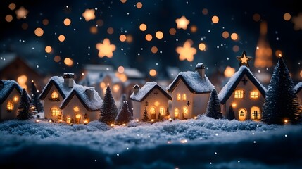 Fototapeta premium Cozy Winter Village Scene with Glowing Cottages and Sparkling Snow