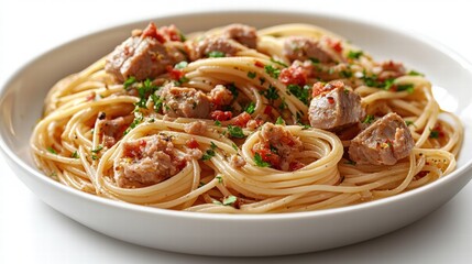 Close-up of a delicious plate of spaghetti pasta with chunks of seasoned meat and fresh herbs served in a white bowl on a neutral background
