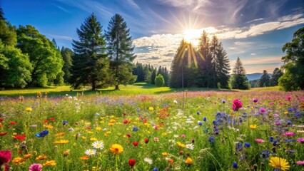 Obraz premium A serene flowery meadow with vibrant wildflowers swaying gently in the breeze on a sunny summer day surrounded by lush green grass and towering trees, floral field, sunny summer day