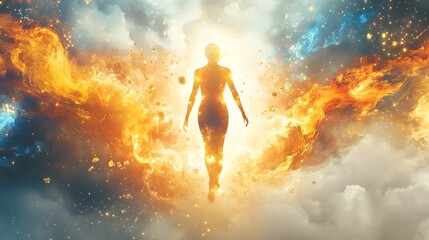 Heroic Silhouette Igniting in Cosmic Firestorm of Galactic Energy