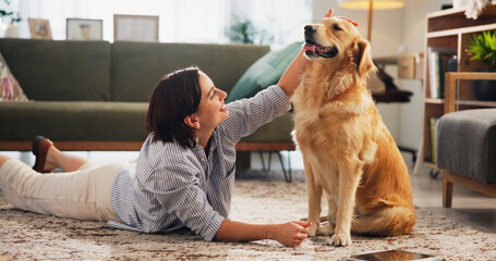 Love, relax and dog with woman on floor of living room for petting, bonding and loyalty. Trust, animal adoption and care with person and golden retriever at home for support, domestic and happiness