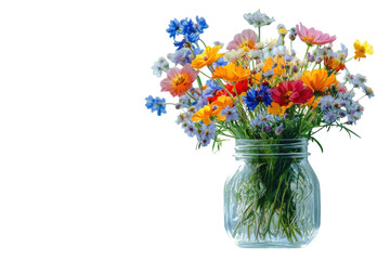 Vibrant wildflowers in a glass jar bathed in soft sunlight near a window creating a cheerful summer