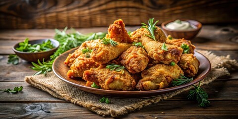Crispy fried chicken pieces on a plate, garnished with fresh herbs and served on a rustic wooden table , meal, rustic