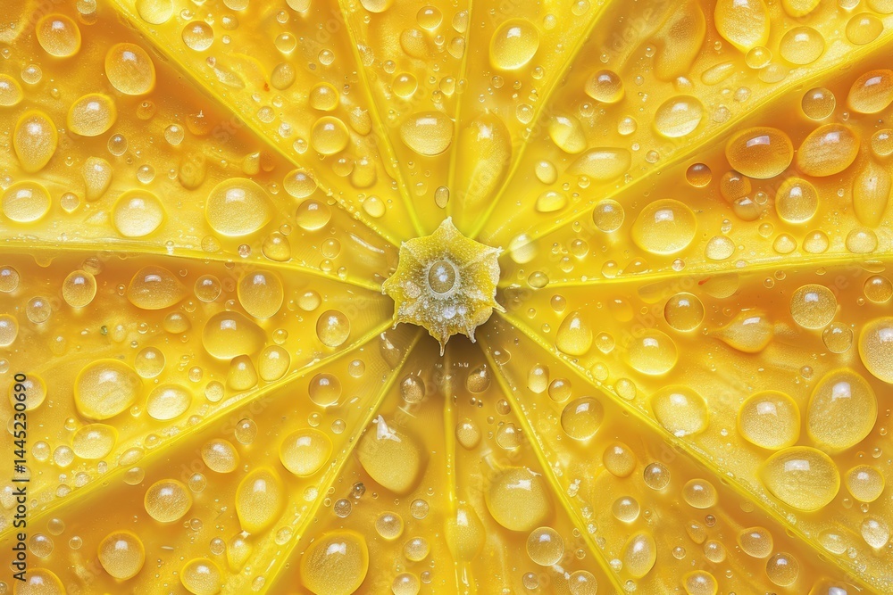 Poster vibrant yellow surface with water droplets creating a textured pattern.