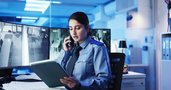 Phone call, security guard and woman with tablet, display or cctv screen in night shift for safety or video surveillance. Camera, footage or person with communication in control room for protection