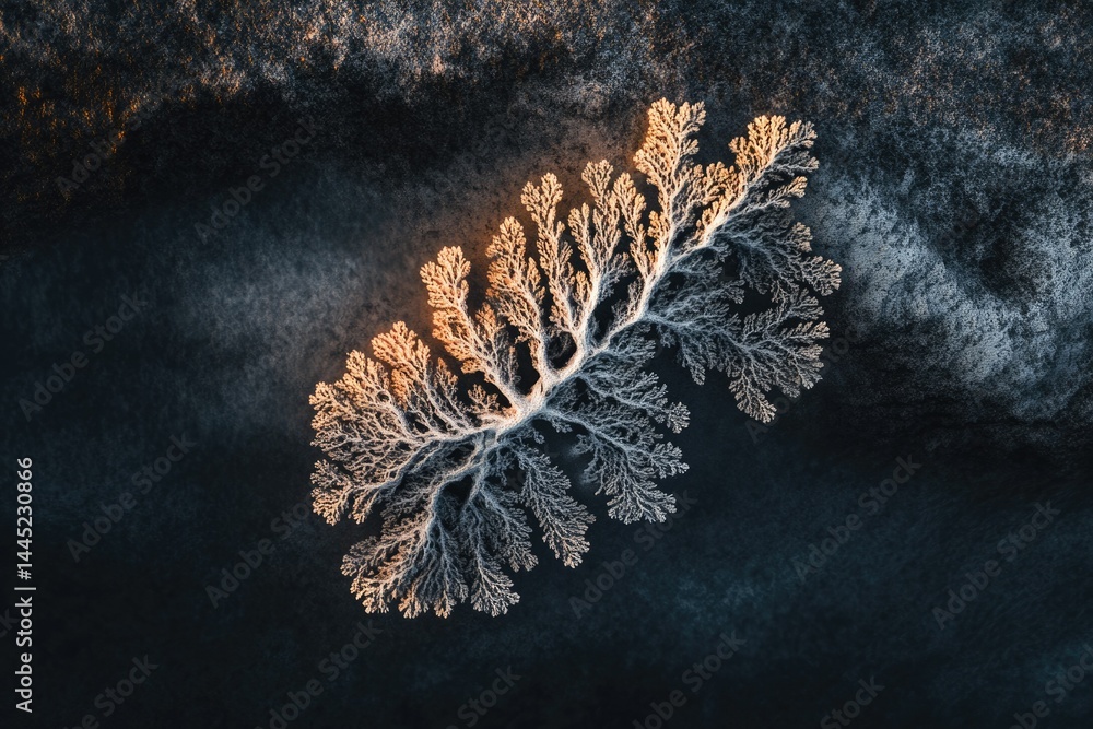 Poster aerial view of frost forming a fractal tree-like pattern on dark ground, illuminated by sunlight.