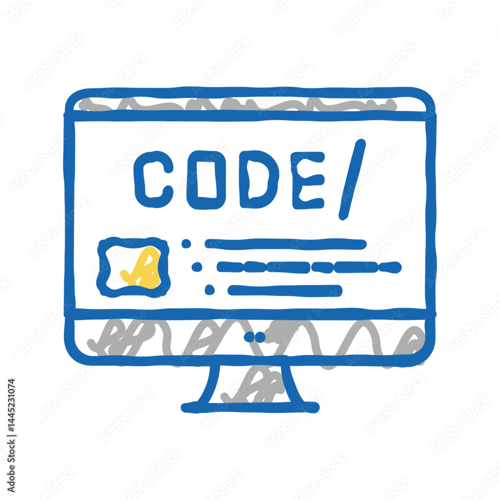 Poster code on computer screen icon doodle illustration