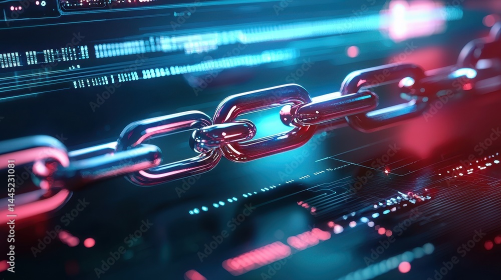 Poster A close-up view of a digital chain symbolizing security and blockchain technology.