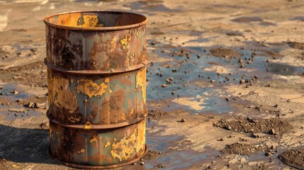 Naklejka premium A rusty, old oil barrel with peeling paint and oil stains, standing on a dusty industrial background