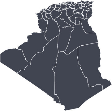 Vector map of Algeria showing all regions with clearly defined borders and country outline. Dark color scheme with white contours. Perfect for educational, infographic, and professional use.