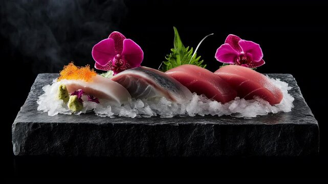氷と華で彩られた高級刺身の美しい盛り付け