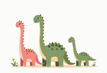Pastel Pink and Green Brachiosaurus Family in Simple Flat Vector Clipart Style, Minimalist and Cute Design on a White Background for Playful Visual Use
