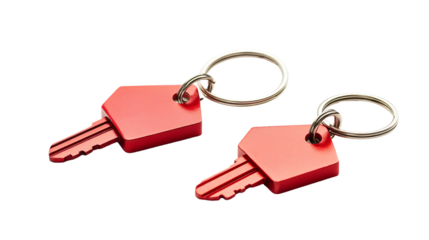 Stylish House Key Pair with Red House-Shaped Keyring Isolated