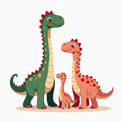 Naklejka premium Adorable Clipart of a Brachiosaurus Dinosaur Family in Flat Style, Featuring Pastel Pink and Green Tones on White Background, Perfect for Kids Designs 