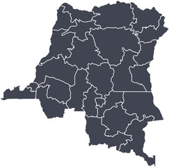 Vector map of the Democratic Republic of the Congo showing all regions with clearly defined borders and country outline. Dark color scheme with white contours. Perfect for educational, infographic, an