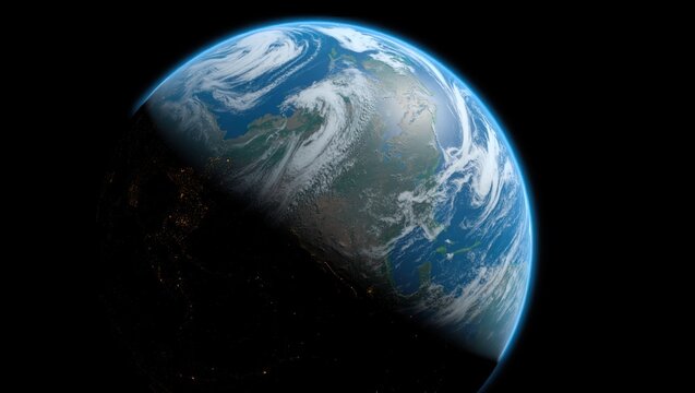 A stunning image displays Earth from space, where the planets vibrant blue and white merge against a dark canvas. The tilted angle reveals a unique, serene perspective, highlighting Earths natural bea