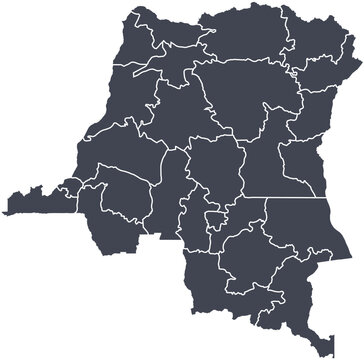Vector map of the Democratic Republic of the Congo showing all regions with clearly defined borders and country outline. Dark color scheme with white contours. Perfect for educational, infographic, an